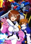  1boy 1girl armor black_bodysuit blue_eyes blue_jumpsuit bodysuit brown_eyes brown_hair bulk_slash chris_dawley clenched_hand commentary_request commission copyright_name glint gloves hand_up highres jumpsuit leone_rhodes looking_at_viewer mecha mecha_pilot_suit one-eyed_mecha open_mouth pink_gloves pink_jumpsuit planet robot sakurajyousui_nami shoulder_armor smile space sun twitter_username 