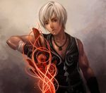  black_clothes dragon_buster fingerless_gloves flame gloves jewelry lloyd looking_at_viewer magic male male_focus muscle muscles necklace playstation red_eyes silver_hair sword the_legend_of_dragoon weapon wingly 