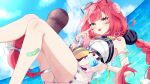 1girl :p absurdres animal beach blue_sky blush braid braided_twintails breasts camera camera_around_neck cleavage cloud commentary_request cup day dress_swimsuit drink eyewear_on_head facial_mark finger_to_eye fuzuki_(fuzuki_kizufu) green_eyes hair_ornament heart heart-shaped_eyewear heart_facial_mark highres holding holding_drink kamanosuke_(zenless_zone_zero) long_hair looking_at_viewer ocean official_alternate_costume one-piece_swimsuit outdoors pink_one-piece_swimsuit raccoon red_hair sky smile sphere_hair_ornament swimsuit thigh_strap tongue tongue_out twintails two-tone_one-piece_swimsuit ukinami_yuzuha ukinami_yuzuha_(tanuki_in_broad_daylight) very_long_hair water white_one-piece_swimsuit zenless_zone_zero 