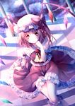  blonde_hair blush bow checkered checkered_floor flandre_scarlet hat hat_bow hat_ribbon highres looking_at_viewer red_eyes ribbon riichu side_ponytail sitting skirt solo touhou wings wrist_cuffs 