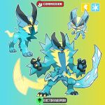  artist_name black_sclera blue_background blue_fur claws colored_sclera commission doctorfakemon evolutionary_line fakemon fangs gradient_background green_background highres lynx no_humans open_mouth original outline pokemon pokemon_(creature) sugimori_ken_(style) two-tone_background white_outline yellow_eyes 