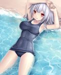  armpits arms_up blush breasts impossible_clothes impossible_swimsuit large_breasts looking_at_viewer lying on_back one-piece_swimsuit open_mouth original partially_submerged red_eyes sand school_swimsuit short_hair silver_hair solo swimsuit tsukumiya_amane water 