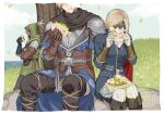  1girl 2boys arizuka_(catacombe) armor ascot black_gloves blonde_hair blue_surcoat blue_tunic border bread brother_and_sister brown_gloves commentary_request covered_eyes dark-skinned_male dark_skin duchess_(elden_ring) earrings eating egg elden_ring elden_ring_nightreign eye_mask falling_leaves food gloves grass green_hood half_eye_mask head_out_of_frame highres ironeye_(elden_ring) jewelry leaf leaning_back lettuce mask multiple_boys pants parted_bangs rock siblings sitting standing tree tunic water white_ascot white_border white_pants wylder_(elden_ring) 