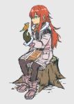  1girl aoyoshi_(doodle21blue) bird bird_on_hand black_pantyhose blue_eyes coat commentary_request gloves grey_background long_hair pantyhose pink_coat pink_shoes pointy_ears red_hair rune_factory rune_factory_3 shoes simple_background sitting skirt smile toona tree_stump 