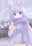  2011 animal_ears blush bunny_ears copyright_request kouno_hikaru purple_eyes purple_hair purple_scarf scarf smile solo 