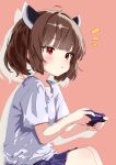  1girl blue_skirt brown_background brown_hair commentary_request controller drop_shadow game_controller headgear highres hogihogi3ta holding holding_controller holding_game_controller notice_lines parted_lips playing_games playing_video_games red_eyes shirt short_hair simple_background sitting skirt solo t-shirt touhoku_kiritan variant_set voiceroid white_shirt 