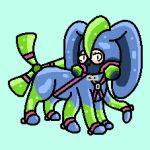  1:1 2024 blue_body blue_ears blush blush_lines fakemon fakeveelution feral green_body green_tail harness long_ears low_res multi_limb multicolored_ears mutateon pink_harness rubbermon solo tail trooper3 two_tone_ears 