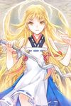  angel_wings blonde_hair grin hakou_(barasensou) holding korean_clothes long_hair lowres nexia open_mouth smile solo sword sword_girls very_long_hair weapon wings yellow_eyes 