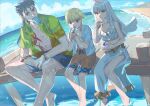  1girl 2boys alternate_costume bare_arms bare_shoulders beach bikini blonde_hair blue_hair blue_shorts blue_sky bracelet breasts brown_shorts caren_hortensia caren_hortensia_(amor_caren)_(first_ascension) chest_tattoo child child_gilgamesh_(fate) cleavage cloud collarbone cu_chulainn_(aloha_shirt)_(fate) cu_chulainn_(fate) cu_chulainn_(lancer)_(fate) cup disposable_cup disposable_ice_cream_cup fate/grand_order fate_(series) feet_out_of_frame food frilled_bikini frills gilgamesh_(fate) green_shirt hawaiian_shirt highres holding holding_ice_cream_cone hood hooded_jacket horizon ice_cream ice_cream_cone ice_cream_spoon jacket jewelry long_hair looking_at_viewer low_ponytail medium_breasts mouth_hold multiple_boys navel no_shirt noko_morokoshi ocean official_alternate_costume open_clothes open_jacket open_shirt parted_bangs pier ponytail popsicle red_eyes red_tattoo sarong shirt short_hair shorts sky soaking_feet spoon swimsuit tattoo toned toned_male wavy_hair white_bikini white_hair white_sarong yellow_eyes 