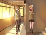  1girl bad_id bad_pixiv_id bag blazer blonde_hair blue_eyes blush brother_and_sister closed_eyes embarrassed gift hair_ribbon highres jacket kagamine_len kagamine_rin open_mouth ribbon school school_uniform short_hair siblings skirt standing sunset sweater_vest tears temari_(deae) twins vocaloid yawning 