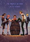 1girl 4boys absurdres artist_name bare_legs barrel black_hair black_jacket black_pants blonde_hair brown_overalls commentary dihanabi english_commentary english_text full_body green_hair grin hand_in_pocket haramaki hat highres jacket legs long_nose miniskirt monkey_d._luffy multiple_boys nami_(one_piece) one_piece orange_hair outdoors overalls pants parted_lips rain red_vest roronoa_zoro sandals sanji_(one_piece) shirt short_hair short_sleeves skirt smile standing standing_on_one_leg straw_hat straw_hat_pirates usopp vest white_shirt 