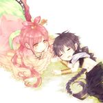  1girl black_hair braid chinese_clothes closed_eyes hair_ornament hair_rings jewelry judal long_hair magi_the_labyrinth_of_magic midriff neck_ring niwako red_hair ren_kougyoku single_braid sleeping smile yellow_eyes 