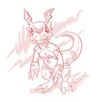  claws dark_clefita digimon digimon_3 dinosaur guilmon line_art male monochrome plain_background scalie solo white_background 