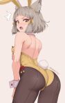  1girl animal_ear_fluff animal_ear_hairband animal_ears artist_name ass back bare_shoulders blunt_ends blush breasts cat_ears commentary cowboy_shot detached_collar english_commentary fake_animal_ears fang from_behind grey_background grey_hair hairband highres leotard looking_at_viewer looking_back median_furrow nia_(xenoblade) open_mouth oversized_breast_cup pantyhose patreon_username playboy_bunny rabbit_ears rabbit_tail short_hair shoulder_blades simple_background small_breasts solo strapless strapless_leotard surprised tail twintails v-shaped_eyebrows white_wrist_cuffs wrist_cuffs xenoblade_chronicles_(series) xenoblade_chronicles_2 yellow_eyes yellow_leotard zelc-face 