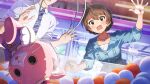  1boy 1girl ahoge blue_shirt blush braid brown_hair card_commentary commentary_request crane_game game_asset green_eyes idolmaster idolmaster_million_live! idolmaster_million_live!_theater_days indoors jewelry necklace official_art open_mouth out_of_frame producer_(idolmaster) sakuramori_kaori shirt short_hair stuffed_animal stuffed_cat stuffed_toy tears third-party_source 