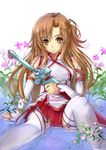  :o amayofuu asuna_(sao) bare_shoulders blush brown_eyes brown_hair detached_sleeves holding long_hair looking_at_viewer skirt solo sword sword_art_online thighhighs water weapon white_legwear 