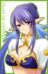  blue_hair breasts cleavage copyright_name hair_bun judith long_hair medium_breasts miyu_(matsunohara) pointy_ears red_eyes smile solo tales_of_(series) tales_of_vesperia twintails white_background 