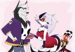  2024 adopted_(lore) adopted_daughter_(lore) adoptive_father_(lore) anthro bare_shoulders big_breasts blitzo_(helluva_boss) blue_bottomwear blue_clothing blue_jeans blue_pants blush bottomwear box_of_chocolates breasts candy canid canid_demon canine chocolate chocolate_on_face cleavage clothed clothed_female clothed_male clothing cocktail_dress collar covering covering_face demon denim denim_bottomwear denim_clothing dessert dress eating eating_chocolate emanata empty_box eyes_closed female female_anthro food fur grey_body grey_fur grin group hair hair_over_eye hand_in_pocket heart_box hellaverse hellhound helluva_boss holidays horn humanoid imp jacket jeans long_hair loona_(helluva_boss) male male_anthro male_humanoid mammal markings mythological_canine mythological_creature mythology pants pink_background pinklie_(helluva_boss) pockets pupils purple_clothing purple_jacket purple_topwear red_body red_clothing red_dress red_eyes red_sclera red_skin simple_background skull_shirt slit_pupils smile spiked_collar spikes starpaintart strapless_clothing strapless_dress striped_horn stripes tail topwear trio valentine's_day white_body white_eyes white_fur white_hair white_markings wide_hips yellow_sclera 