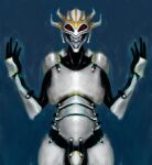  2024 5_fingers armor armor_only black_bodysuit black_clothing black_skinsuit bodysuit breastplate ciircuit clothing codpiece female fingers gauntlets gloves handwear heretic hi_res horn humanoid humanoidized iron_lich_(heretic) looking_at_viewer plate_armor raven_software red_eyes shoulder_guards simple_background skinsuit solo spaulder standing straps tight_clothing 