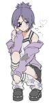  1girl alternate_costume belt belt_buckle black_belt black_shoes black_skirt blush buckle camisole chrome_dokuro closed_mouth collarbone dot_nose eyepatch frilled_camisole frills full_body hair_ornament hairclip heart highres hoshikuzu_(pinkholic) jacket jacket_partially_removed katekyo_hitman_reborn! leg_warmers long_sleeves looking_at_viewer one_eye_covered parted_bangs platform_shoes pleated_skirt ponytail purple_eyes purple_hair purple_jacket shoe_belt shoes shoulder_tattoo skirt solo sparkle star_(symbol) star_hair_ornament star_tattoo tattoo white_background white_camisole 