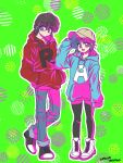  1boy 1girl :d black_pants black_shoes blue_eyes blue_hair blue_hoodie blue_pants boots braid brown_eyes brown_hair closed_mouth commentary_request full_body glasses green_background hand_up hands_in_pocket hat highres hood hoodie open_mouth pants ranma_1/2 red_hoodie saotome_ranma saotome_ranma_(male) shoes short_hair single_braid smile sneakers tendou_akane white_boots yodare 