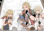  3boys 3girls animal_ears armor ashelia_b'nargin_dalmasca bag balthier bare_shoulders basch_fon_ronsenburg beard belt black_helmet black_pants blonde_hair blue_bodysuit bodysuit boots braid breasts brown_boots brown_wrist_cuffs closed_eyes detached_sleeves facial_hair final_fantasy final_fantasy_xii fingerless_gloves food fran_(ff12) full_body garbage_paper gloves gold_trim grey_vest hand_on_own_chin helmet holding holding_another's_wrist holding_bag holding_potion jewelry leather_armor looking_at_another medium_breasts midriff miniskirt multiple_boys multiple_girls open_mouth own_hands_together pants parted_bangs penelo pink_skirt pushing rabbit_ears rabbit_girl red_belt red_vest ring running shin_guards shirt short_hair shoulder_armor sidelocks skirt smile standing teeth twin_braids vaan_(ff12) vest viera wavy_hair white_background white_shirt wrist_cuffs 