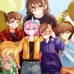  3boys 3girls adjusting_eyewear alternate_costume angel_(omori) aubrey_(faraway)_(omori) aubrey_(omori) beard blonde_hair blue_hairband blue_hoodie blue_pants blue_shorts blue_tank_top blurry blurry_background brown_eyes brown_hair charlene_(omori) chinese_commentary closed_mouth collarbone collared_shirt commentary dark-skinned_male dark_skin denim double-parted_bangs facial_hair glasses green_shirt hair_between_eyes hairband highres hood hoodie jacket jeans kim_(omori) long_sleeves looking_at_viewer mikhael_(omori) multiple_boys multiple_girls omori open_clothes open_jacket open_mouth open_shirt pants pink_hair rainbrey_0801 rectangular_eyewear red-framed_eyewear red_shirt shirt short_hair shorts side_ponytail sidelocks tank_top vance_(omori) yellow_jacket 