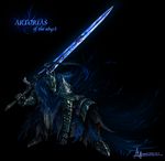  armor artorias_the_abysswalker damaged dark_souls full_armor gauntlets helmet highres huge_weapon knight male_focus plume solo souls_(from_software) squatting sword weapon 