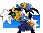  1boy animal_nose antenna_hair backwards_hat baseball_cap black_fur blue_hat blue_romper blue_sweater body_fur brown_eyes clenched_hand commentary_request fang feet_out_of_frame furry furry_male gloves hat highres holding holding_jewelry holding_ring jewelry kaze_no_klonoa klonoa male_focus open_mouth ring romper sakurajyousui_nami smile solo standing sweater teeth two-tone_fur upper_teeth_only white_fur yellow_gloves zipper_pull_tab 