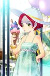  artist_request balloon bangs bare_shoulders bracelet clenched_hand collarbone dress food green_eyes hair_ribbon hand_on_hip hat holding ice_cream jaina_preventer jewelry lowres parted_bangs red_hair ribbon short_hair solo sword_girls tongue tongue_out younger 