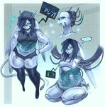  angry anthro bandage bandage_on_cheek bandage_on_face bandage_on_nose belly black_clothing black_crop_top black_legwear black_panties black_shirt black_thigh_highs black_topwear black_underwear blue_belly blue_hair blue_mouth blue_sclera blush blush_lines bodily_fluids bone brain breasts breath cable_tail character_name charging clothing collared_shirt crop_top dreadlocks dress_shirt ellipsis emanata exposed_organs eyeliner female front_view geometric_background glaring glaring_at_another glaring_at_viewer glistening glistening_arms glistening_body glistening_clothing glistening_legwear glistening_thigh_highs glistening_thighs grey_background grey_clothing grey_hat grey_headwear grid_background hair hand_on_hip hat headgear headwear hi_res joints kneeling lagomorph legwear leporid long_ears long_tail looking_at_viewer love_handles low_battery makeup mammal medium_hair metallic_body missing_arm multiple_poses navel nude one_fang open_mouth organs overweight overweight_anthro overweight_female panties pattern_background pelvic_bone pose pouting rabbit rabbit_ears rib_cage robot_anthro robot_gore shaded sharp_fingers shirt side_view silver_body simple_background sitting skeleton small_breasts soft_shading solo sparkles speech_bubble spine standing sweat sweatdrop tail text thick_thighs thigh_highs thin_tail three-quarter_view topwear translucent translucent_body underwear visible_skeleton wide_hips wire wolfertinger xalem_(wolfertinger) y_nose 