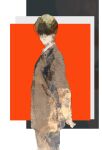  1boy arms_behind_back blazer blonde_hair brown_jacket brown_pants closed_mouth colorful_background commentary cowboy_shot english_commentary facing_viewer highres jacket johan_liebert lapels long_sleeves male_focus middle_part mimulishizi monster_(manga) no_eyes notched_lapels pants parted_bangs shirt short_hair simple_background solo standing suit turning_head white_shirt wing_collar 
