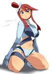  ario blue_eyes blue_footwear boots breasts full_body fuuro_(pokemon) gloves kneeling large_breasts long_sleeves looking_at_viewer looking_down midriff pokemon pokemon_(game) pokemon_bw red_hair short_shorts shorts simple_background solo text_focus thighs translated white_background 