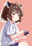  1girl anger_vein annoyed blue_skirt brown_background brown_hair commentary_request controller drop_shadow game_controller headgear highres hogihogi3ta holding holding_controller holding_game_controller notice_lines playing_games playing_video_games red_eyes shirt short_hair shout_lines simple_background sitting skirt smile solo t-shirt touhoku_kiritan variant_set voiceroid white_shirt 