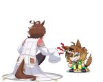  2girls agnes_tachyon_(umamusume) ahoge all_fours animal_ears brown_hair commentary_request from_side green_socks growling highres horse_ears horse_girl horse_tail jacket jungle_pocket_(umamusume) lab_coat long_sleeves looking_at_another multiple_girls puffing_up short_hair socks squatting tail tail_through_clothes umamusume white_background yellow_eyes yellow_jacket yurin35699515 