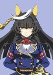  1girl ahoge animal_ears ascot asymmetrical_jacket black_hair blue_jacket blunt_bangs breasts buttons calstone_light_o_(one_true_path)_(umamusume) calstone_light_o_(umamusume) closed_mouth double-breasted ear_covers highres hime_cut horse_ears horse_girl jacket long_hair long_sleeves looking_at_viewer medium_breasts multicolored_hair red_ascot simple_background solo striped_hair umamusume white_hair yellow_eyes zukki_(bijitaru) 