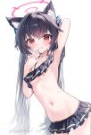  1girl \||/ absurdres animal_ear_fluff animal_ears areola_slip arm_behind_head arm_up armpits bandaid bandaids_on_nipples bikini bikini_skirt bikini_top_lift black_bikini black_hair blue_archive blue_ribbon blush breasts cat_ears clothes_lift commentary cowboy_shot crossed_bangs dot_nose fang frilled_bikini frills hair_between_eyes hair_ribbon halo hand_up highres long_hair looking_at_viewer luo_shu navel off-shoulder_bikini off_shoulder official_alternate_costume parted_lips pasties pink_halo presenting_own_armpit red_eyes ribbon serika_(blue_archive) serika_(swimsuit)_(blue_archive) simple_background skin_fang small_breasts small_sweatdrop solo stomach swimsuit teeth tilted_halo twintails twitter_username very_long_hair wet white_background 