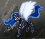  abstract_background ambiguous_gender armor blue_hair caboose equine feral friendship_is_magic gun hair halo_(series) horn horse john_joseco mammal my_little_pony pony princess_luna_(mlp) ranged_weapon solo video_games weapon winged_unicorn wings 