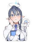  2girls :d blue_archive blue_eyes blue_hair blue_halo blue_necktie braid breasts cheese_gyudon clipboard closed_mouth coat commentary_request cropped_torso dress frown general_student_council_president_(blue_archive) glasses grey_hair halo hand_on_another's_cheek hand_on_another's_face heart highres holding holding_clipboard large_breasts long_hair looking_at_viewer multiple_girls necktie open_clothes open_coat open_mouth pointy_ears ponytail rin_(blue_archive) side_braid simple_background smile spoken_character white_background white_coat white_dress 
