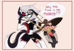 2024 anthro asphyxiation big_breasts black_clothing blush border breasts canid canid_demon canine choking cleavage clothed clothed_female clothed_male clothing collar cowboy_outfit demon english_text erotic_asphyxiation eyes_closed female fingerless_gloves fur furgonomics gloves grey_body grey_fur grey_hair hair handwear hellaverse hellhound helluva_boss horn horn_through_headwear humanoid hybrid imp loona_(helluva_boss) male male/female mammal midriff mythological_canine mythological_creature mythology orange_border pink_body pink_skin profanity red_sclera rope rope_around_neck simple_background spade_tail spiked_collar spikes starpaintart striker_(helluva_boss) striped_horn stripes tail text thought_bubble white_body white_eyes white_fur wide_stance 