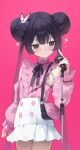  1girl absurdres bag black_hair blue_archive braid braided_base breasts bun_with_braided_base butterfly_hair_ornament detached_sleeves double_bun dress eiyuo frilled_sleeves frills hair_bun hair_ornament highres holding holding_microphone kisaki_(blue_archive) long_hair looking_at_object microphone microphone_stand miniskirt nail_polish neck_ribbon pink_background pleated_skirt ribbon short_dress shoulder_bag simple_background skirt small_breasts smile solo sparkle twintails 