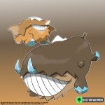  absurdres artist_name brown_background brown_fur doctorfakemon english_text fakemon gradient_background grin highres no_humans original outline pokemon pokemon_(creature) smile sugimori_ken_(style) tail white_outline 