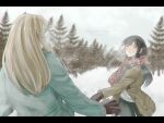  2girls aqua_jacket black_gloves black_hair black_pants blonde_hair blurry blurry_background brown_jacket character_name commentary_request day depth_of_field erica_(hoshizora_no_shita) gloves grey_skirt grin highres hoshizora_no_shita jacket kana_(hoshizora_no_shita) letterboxed long_hair multiple_girls open_clothes open_jacket original outdoors overcast pants red_scarf scarf skirt sky smile snow snowball snowball_fight straight_hair tree watermark winter winter_clothes 