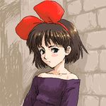  bare_shoulders blush_stickers bob_cut bow brick_wall brown_hair dress green_eyes hair_bow hairband kiki lowres majo_no_takkyuubin oekaki short_hair shou_(akuma_no_ryouiki) solo studio_ghibli 