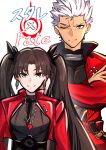  1boy 1girl absurdres archer_(fate) archer_(honkai:_star_rail)_(fate) black_necktie black_shirt blue_eyes bow brown_hair command_spell crossed_arms crossover earrings fate/stay_night fate_(series) gem hair_bow highres honkai:_star_rail honkai_(series) iamainwork jacket jewelry long_hair multiple_hair_bows necklace necktie official_alternate_costume one_eye_closed red_jacket rin's_pendant_(fate) shirt tohsaka_rin tohsaka_rin_(honkai:_star_rail) twintails white_background white_hair 