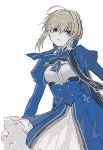  1girl ahoge artoria_pendragon_(fate) blue_bow blue_bowtie blue_dress bow bowtie braid braided_base bun_with_braided_base commentary_request crossover dress fate/stay_night fate/unlimited_blade_works fate_(series) hair_bun highres honkai:_star_rail honkai_(series) juliet_sleeves long_sleeves naruse_azusa puffy_sleeves saber_(fate) saber_(honkai:_star_rail)_(fate) two-tone_dress 