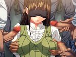  1girl azuki_miho bakuman blindfold breast_grab breasts brown_hair censored gangbang grabbing group_sex large_breasts long_hair penis standing sweatdrop team-tanabe 