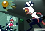  2024 absolute_territory angry anthro bell big_breasts black_bottomwear black_clothing black_shorts blood blue_bottomwear blue_clothing blue_shorts bodily_fluids bottomwear boxing boxing_gloves breasts canid canid_demon canine cleavage clenched_teeth clothed clothing collar demon ding duo exit_sign female fight fighting_ring fur grey_hair hair handwear hellaverse hellhound helluva_boss horn humanoid imp legwear loona_(helluva_boss) low-angle_view male mammal moxxie_(helluva_boss) mythological_canine mythological_creature mythology nosebleed pink_clothing pink_shirt pink_tank_top pink_topwear red_body red_sclera red_skin scuff_marks shirt shorts spiked_collar spikes sport starpaintart striped_horn stripes sweat t-shirt tail tank_top teeth thigh_highs topwear white_body white_clothing white_eyes white_fur white_hair white_shirt white_t-shirt white_topwear yellow_sclera 