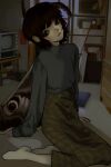  1992jpeg 1girl absurdres antennae arthropod_girl black_eyes black_hair black_sweater crt earrings expressionless hand_on_floor high-waist_skirt highres indoors insect_wings jewelry long_sleeves looking_at_viewer mole moth_antennae moth_girl moth_wings original plaid_clothes plaid_skirt skirt socks solo sweater white_socks wings 