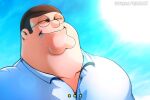  ... 1boy brown_hair closed_eyes family_guy glasses highres male_focus opalis peter_griffin round_eyewear saliva shirt solo upper_body white_shirt 
